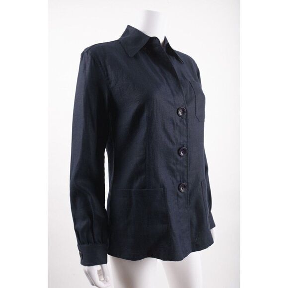 Lafayette 148 NY Womens Linen Shirt Blouse Blazer Jacket Sz 2 Navy Blue NWT - Picture 2 of 6